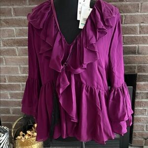 cinq a sept Magenta Ruffled V-Neck Peplum Blouse